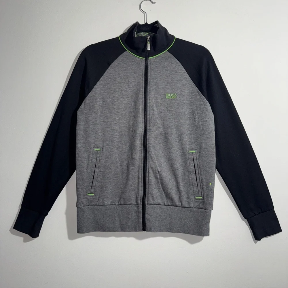 Hugo‎ Boss Full Zip Track Jacket Gray Black Green Trim Size Small